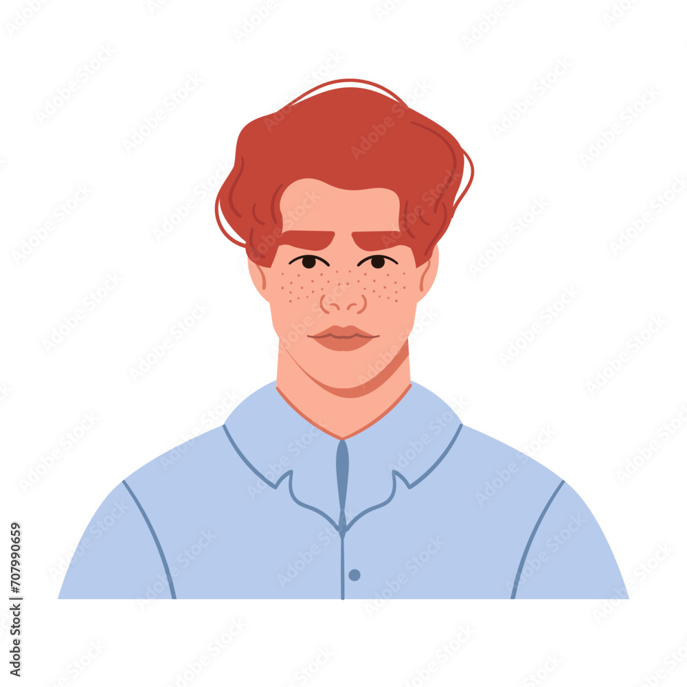 Portrait of a young man with lush bright red hair and freckles. A full-face avatar of a male character in a flat style for social media. Bright vector illustration