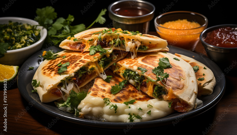 Freshly grilled meat on a wooden plate with healthy vegetables generated by AI Freshly grilled meat on a wooden plate with healthy vegetables generated by AI