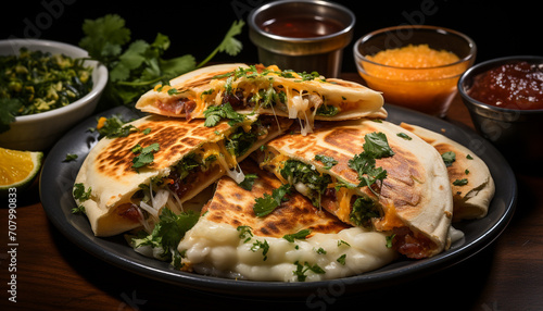 Freshly grilled meat on a wooden plate with healthy vegetables generated by AI