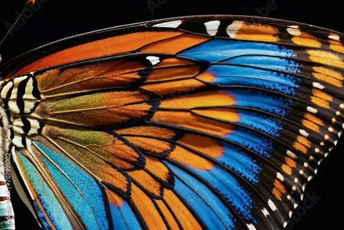 close up of a butterfly wing with blue and orange colors on it s wings and a black background.