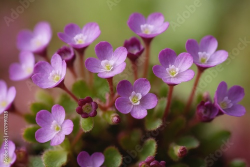 Closeup background image of purple saxifraga plant flowers. Rockfoil blossom. © EliteLensCraft