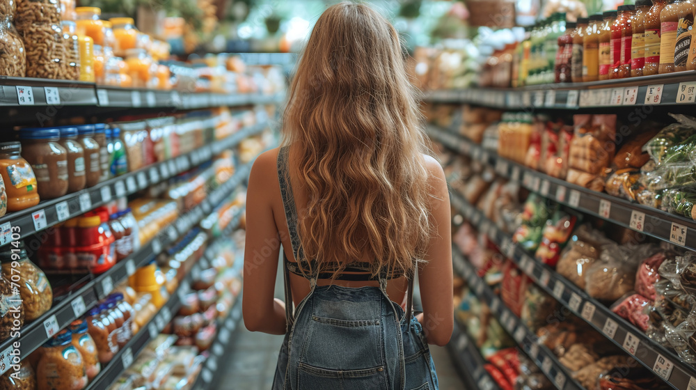 Rear view of a girl choosing groceries in a supermarket