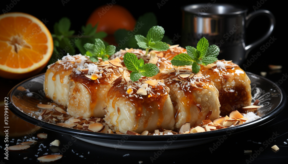 Freshness and culinary delight on a plate of gourmet dessert generated by AI Freshness and culinary delight on a plate of gourmet dessert generated by AI