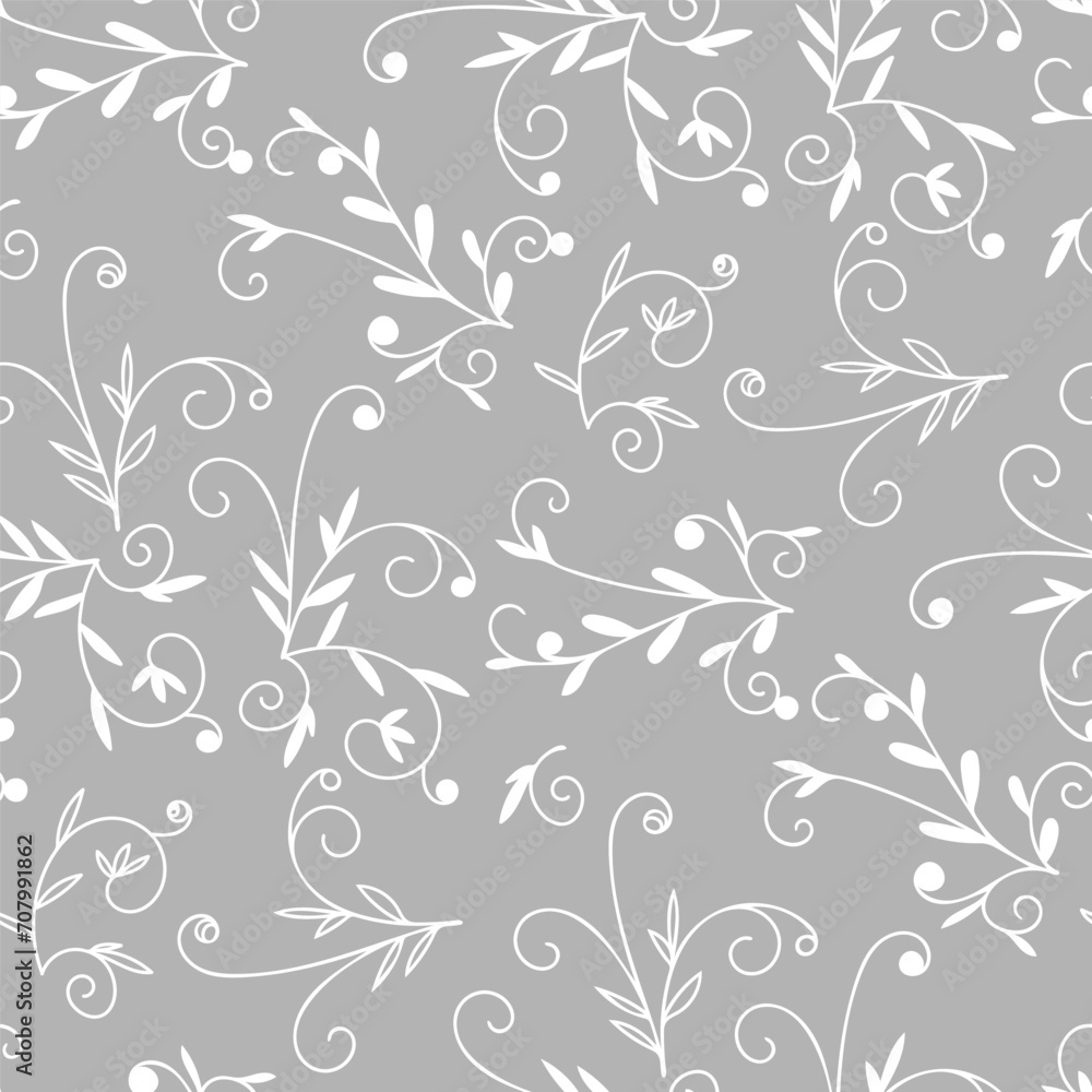 Vector floral two-color seamless pattern on a gray background white flowers with leaves and shoots