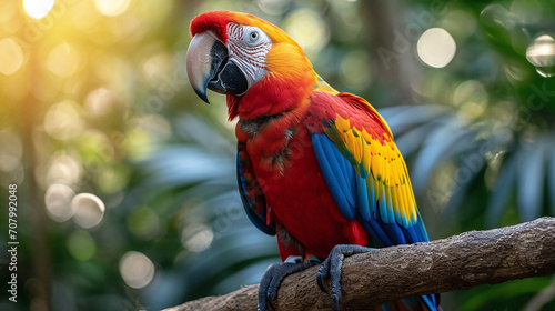 Very detailed high quality shot of a parrot sitting on a tree branch in a green jungle, in sunny weather 