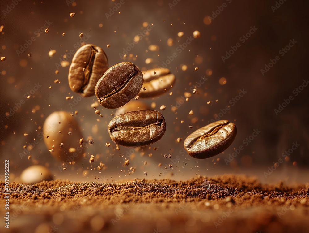 Golden coffee beans in the air, artistic close up shot, product photography, Golden coffee beans in the air, artistic close up shot, product photography,