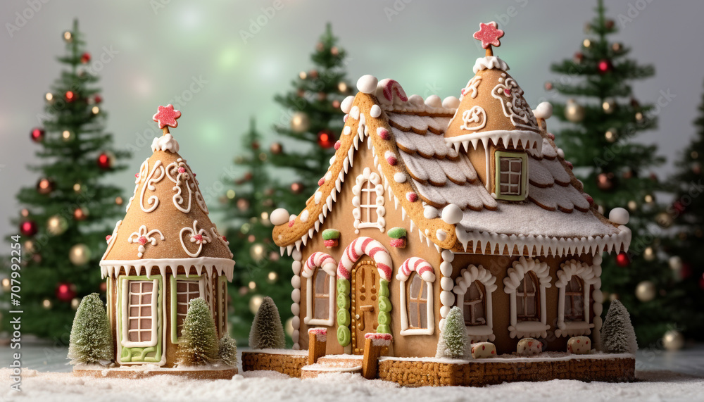 Fototapeta premium Gingerbread house decoration with snowflake icing and candy generated by AI