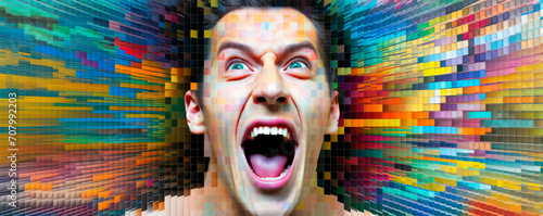A digitally vibrant and expressive portrait of a person's face in a screaming pose, made of many colorful blocks, conveying a powerful sense of emotion and artistic creativity