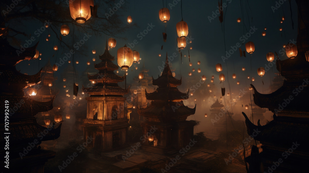 Enigmatic night at a temple during Vesak, aglow with floating lanterns, evoking a mystical ambiance