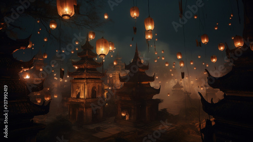 Enigmatic night at a temple during Vesak  aglow with floating lanterns  evoking a mystical ambiance