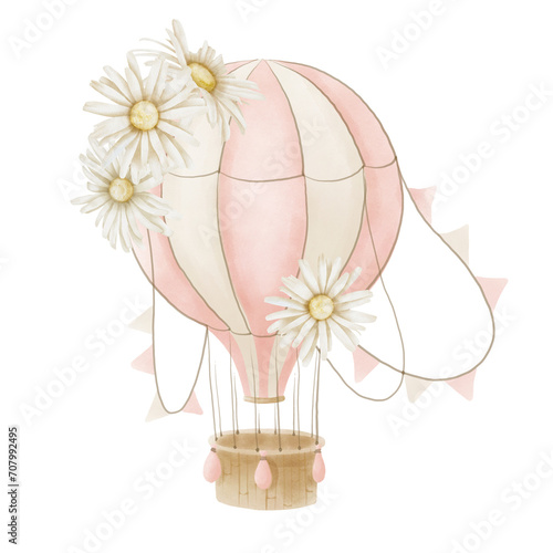 Air Balloon with Flowers. Watercolor illustration of cute aircraft and daisy in beige and pink pastel colors for Baby shower. Drawing for childish design or kid posters on isolated background.