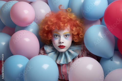 Surreal clown with a whimsical expression, submerged in a sea of pastel balloons, celebrating the playful essence of April Fool's Day