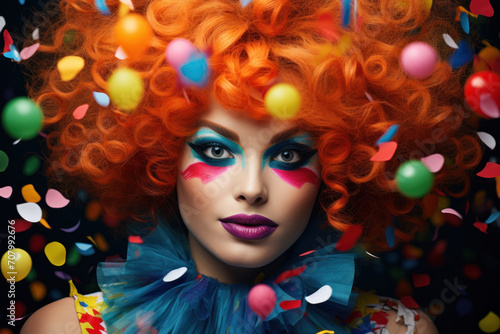 Vibrant April Fool's Day celebration captured in a portrait of a woman with flamboyant makeup and a cascade of colorful confetti