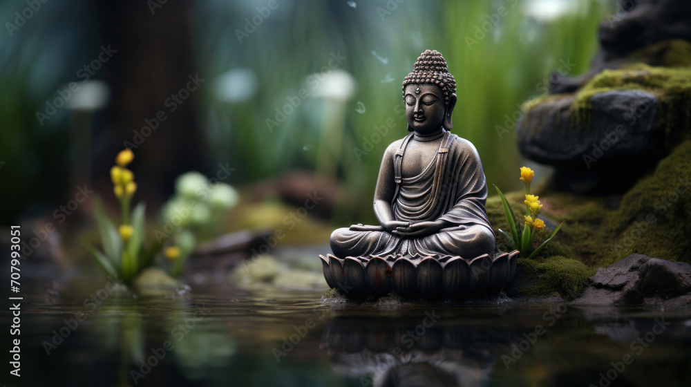 Serene Buddha statue seated in lotus pose by a tranquil pond, flanked by nature's beauty, during the reflective time of Vesak