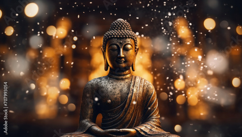 Statue of the meditating Buddha enveloped in a mystical bokeh, embodying peace and enlightenment during Vesak