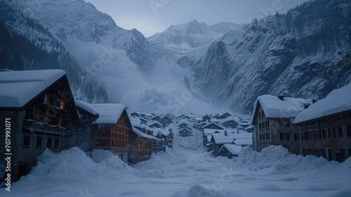 A snow avalanche covered a small village at the foot of the mountains. Natural disaster.