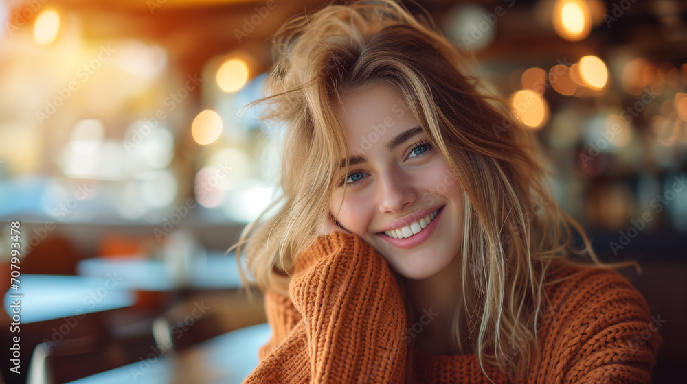 A Young Woman Wearing Sweaters Captivating Smile in Cozy Comfort A Young Woman Wearing Sweaters Captivating Smile in Cozy Comfort