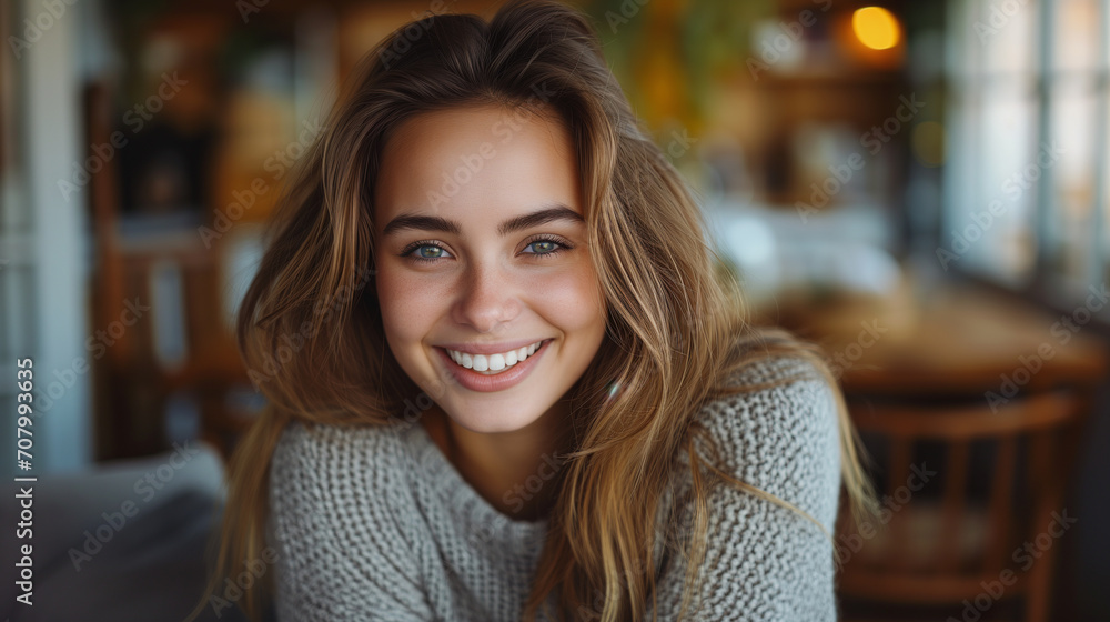 A Young Woman Wearing Sweaters Captivating Smile in Cozy Comfort A Young Woman Wearing Sweaters Captivating Smile in Cozy Comfort