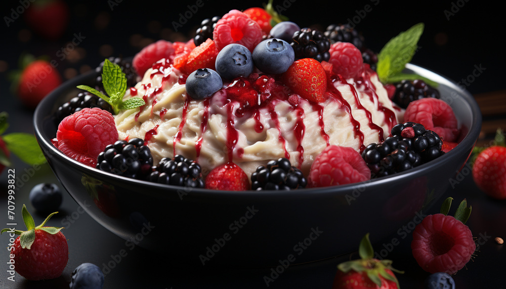Freshness of summer berries, a gourmet dessert on wooden table generated by AI Freshness of summer berries, a gourmet dessert on wooden table generated by AI