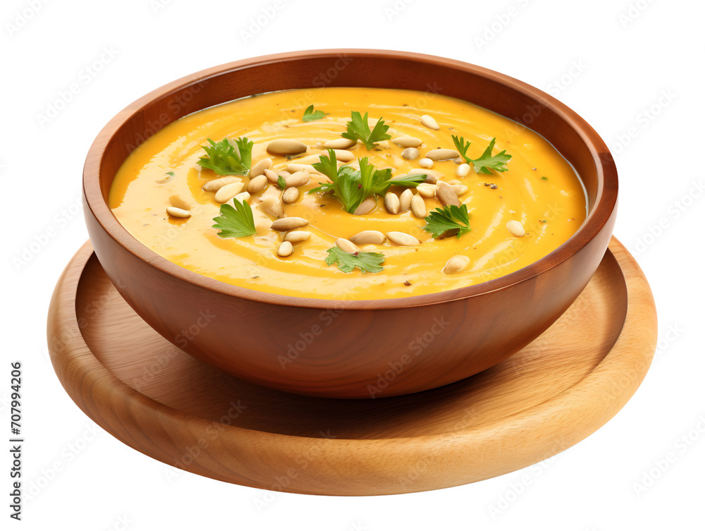 Pumpkin Soup with Seeds and Parsley in a Wooden Bowl, isolated on a transparent or white background