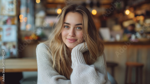 A Young Woman Wearing Sweaters Captivating Smile in Cozy Comfort