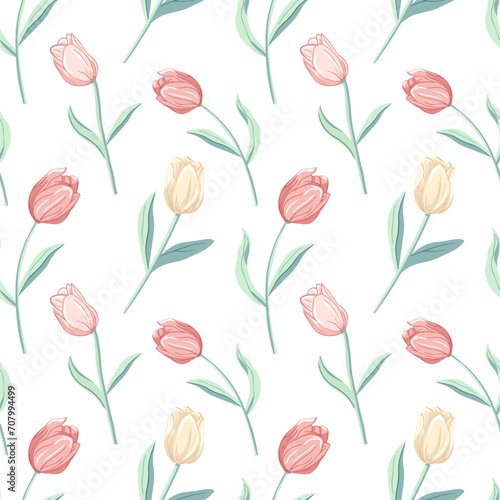 Vector seamless pattern with tulips. Spring background. Romantic flower pattern hand drawn. © Hanna ArtLab