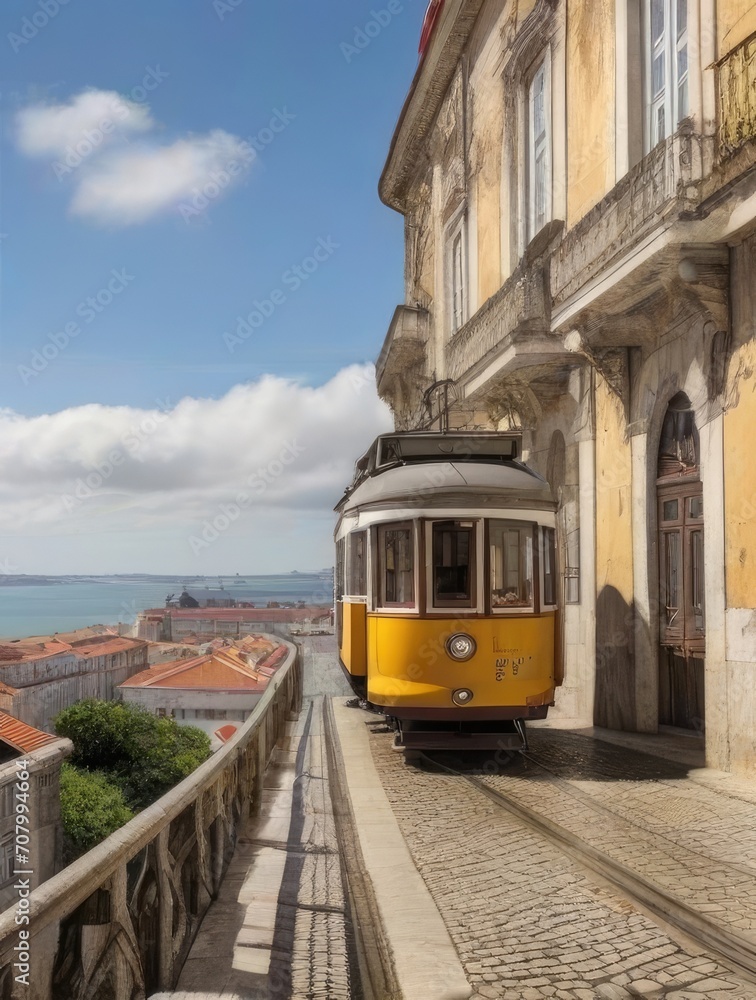 Nostalgic Journey: Vintage Yellow Tram in the Heart of the Cityscape