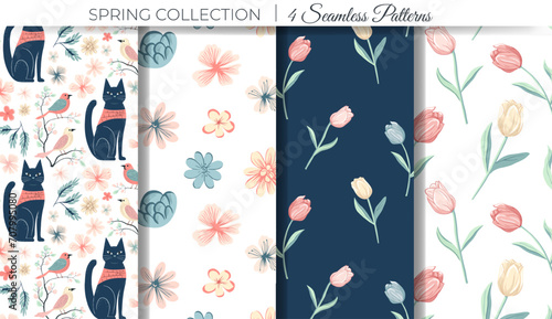 Set of spring backgrounds with cats and tulips. Spring seamless pattern. Easter ornament