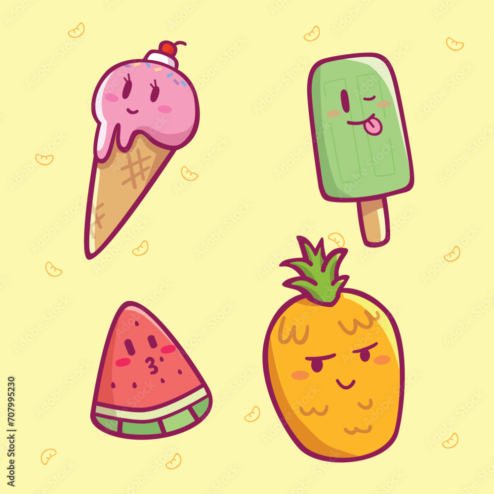 Cute Cartoon Summer Food Theme vector art for kids Cute Cartoon Summer Food Theme vector art for kids
