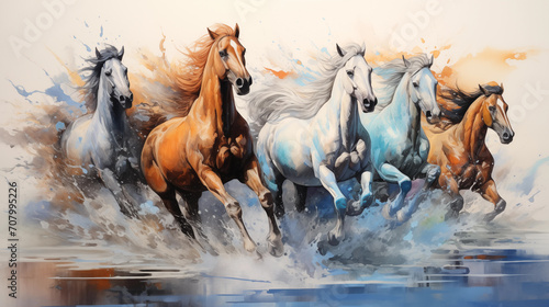 watercolor horses running