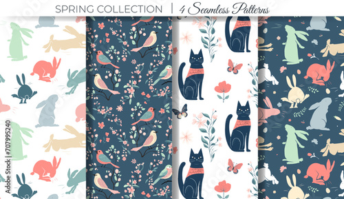 Spring seamless patterns. Set of spring background with bunny, watering can and cat. Easter ornament