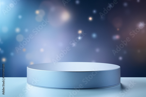 An Empty round cylinder platform podium for the product presented with copy space to add text or product for advertising on a blue background and bokeh