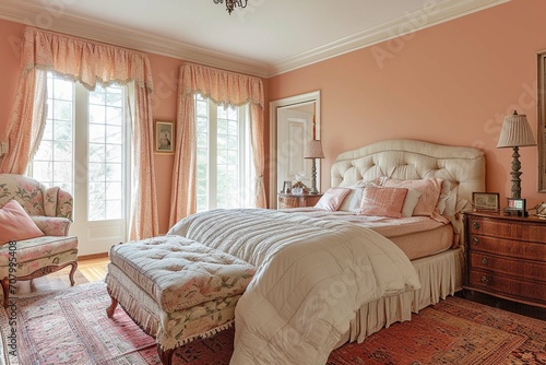 Boohoo  French country style interior design of modern bedroom peach color