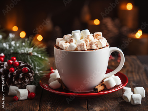 Chocolate hot cocoa in mug with marshmallows. Christmas winter decorations. Cozy winter atmosphere