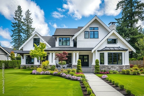 Colonial style white wooden cladding family house exterior. Beautiful front yard landscaping design with lawn and flower bed.