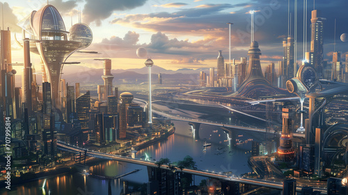A futuristic cityscape with advanced architecture, towering skyscrapers, and intricate roadways during sunset or sunrise. The city has numerous tall and uniquely designed buildings.