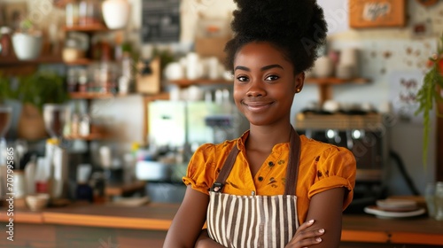 A young African American woman with a bright smile, wearing a mustard yellow shirt and a striped apron, stands proudly in her café