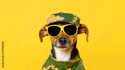 Close-up of a dog in a military helmet on a yellow background