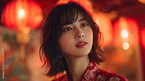 Vibrant celebration as a girl in a red dress welcomes the Chinese New Year with joy. Festive imagery radiating warmth and cultural richness. Ideal for diverse visual projects. © Saowanee