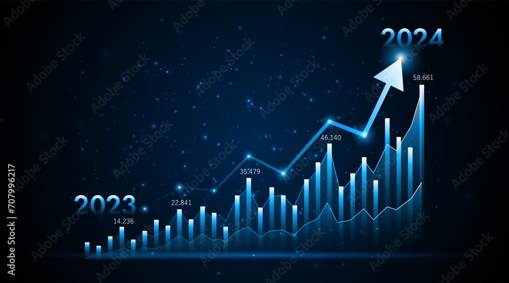 Arrow pointing upwards for future company growth in 2023 to 2024. Stock market graph with rising candles. Ideas for growing a profitable business or investment	 - obrazy, fototapety, plakaty 