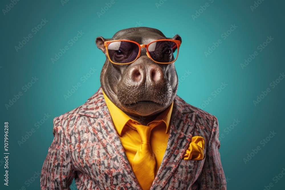 Stylish portrait of dressed up imposing anthropomorphic hippopotamus wearing glasses and suit on vibrant blue background with copy space. Funny pop art illustration. Stylish portrait of dressed up imposing anthropomorphic hippopotamus wearing glasses and suit on vibrant blue background with copy space. Funny pop art illustration.