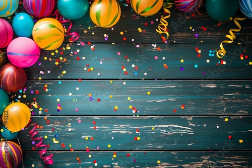 Colorful carnival or party balloons, streamers and confetti on rustic grunge wood planks with copy space.