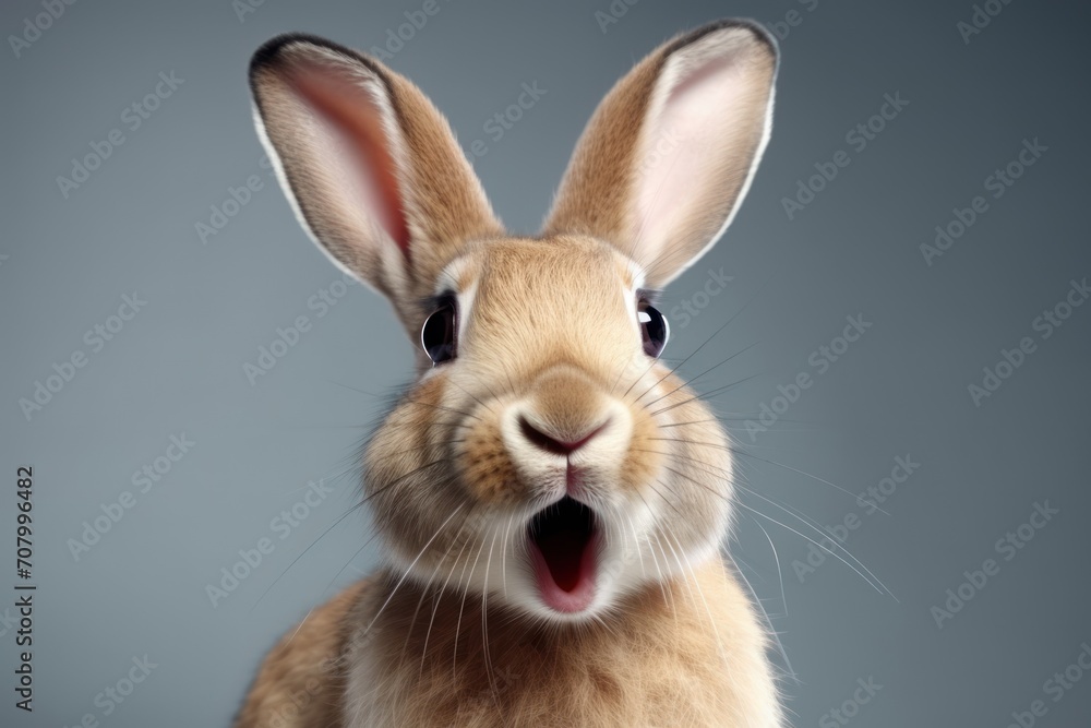 Happy surprised rabbit with open mouth.