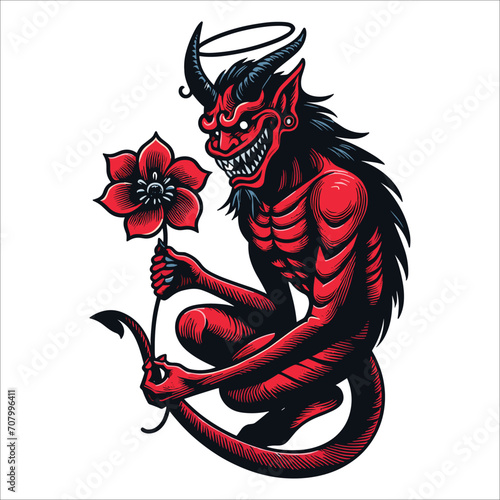 demon with flower vector illustration isolated on white background