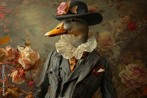 studio portrait of an elegant pigeon  fashion dressed with  a minimal colorful background