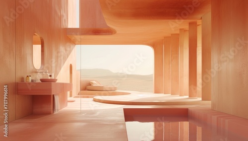 abstract landscape on a bathroom room, minimal style and furniture, a large window and the desert outside, peace and calm pink and beige color palette photo