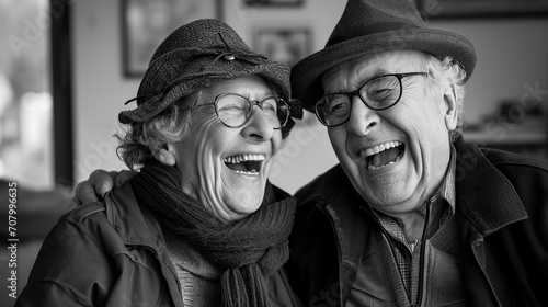 An elderly woman and man are sharing a hearty laugh, both wearing hats and glasses, in a cozy indoor setting.