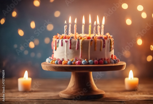 Bellissima Torta di Compleanno con Candela Accesa su Piedistallo di Legno photo