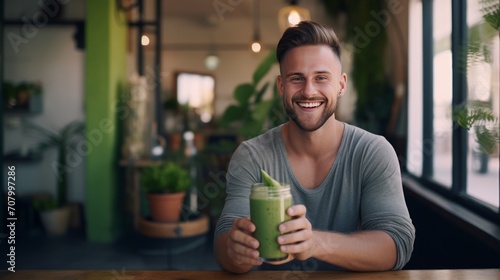 smiling young man drinking detox smoothie in cafe photo