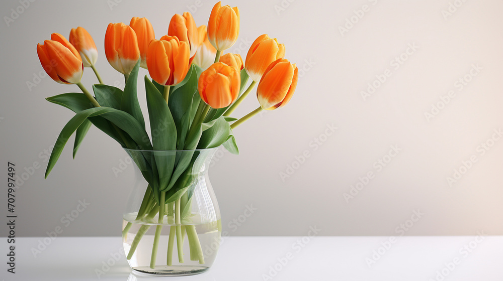 Orange and white tulips in a glass vase Orange and white tulips in a glass vase